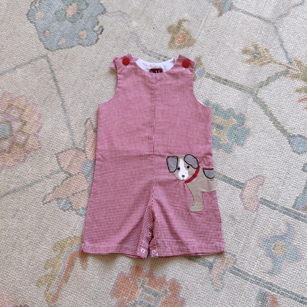Red Checkered Kids Romper with Dog Patch